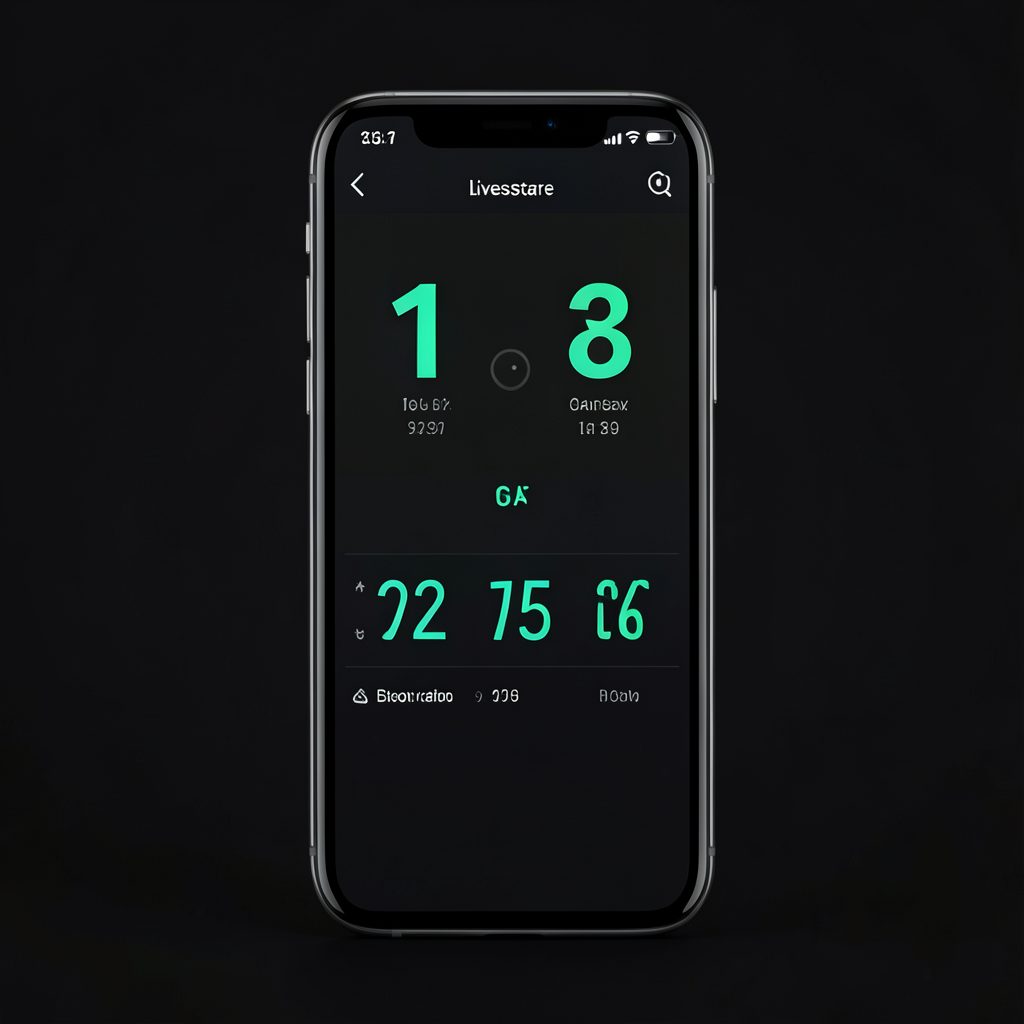 Điện thoại hiển thị giao diện livescore bóng đá trên nền tối với các con số tỷ số nổi bật màu xanh lá